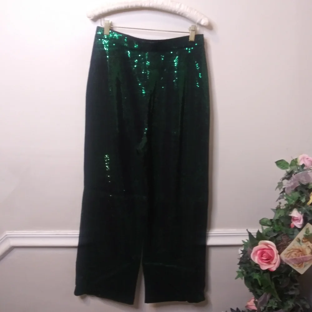 Vintage St. John Couture Sparkly Green High Waisted Wide Leg Knit Pants - Picture 6 of 6